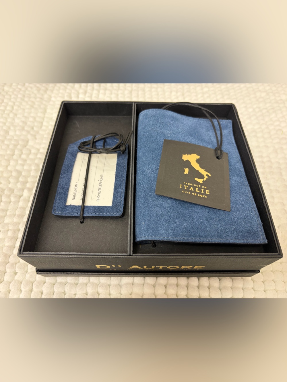 Men's Blue Suede Toiletry Pouch with ID Tag